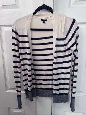 Express Women's Cream and Navy Striped Nautical Open Cardigan size small